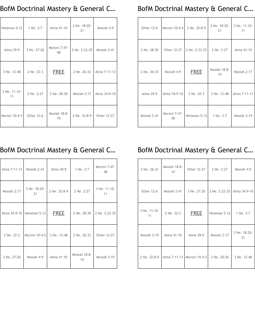 BofM Doctrinal Mastery & General Conference  Bingo Cards