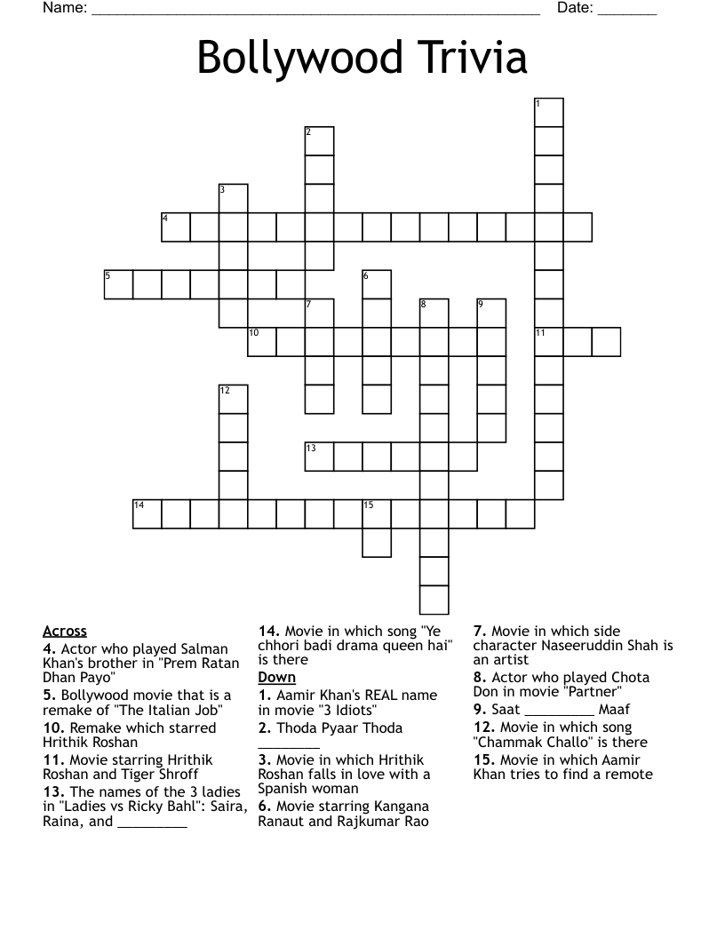 Bollywood Trivia Crossword