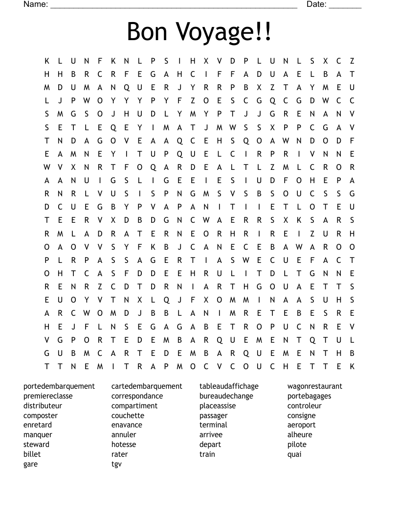 Bon Voyage!! Word Search