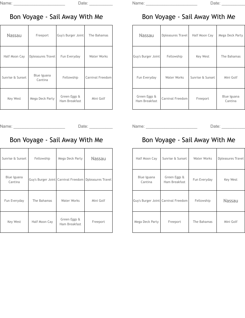 Bon Voyage - Sail Away With Me Bingo Cards