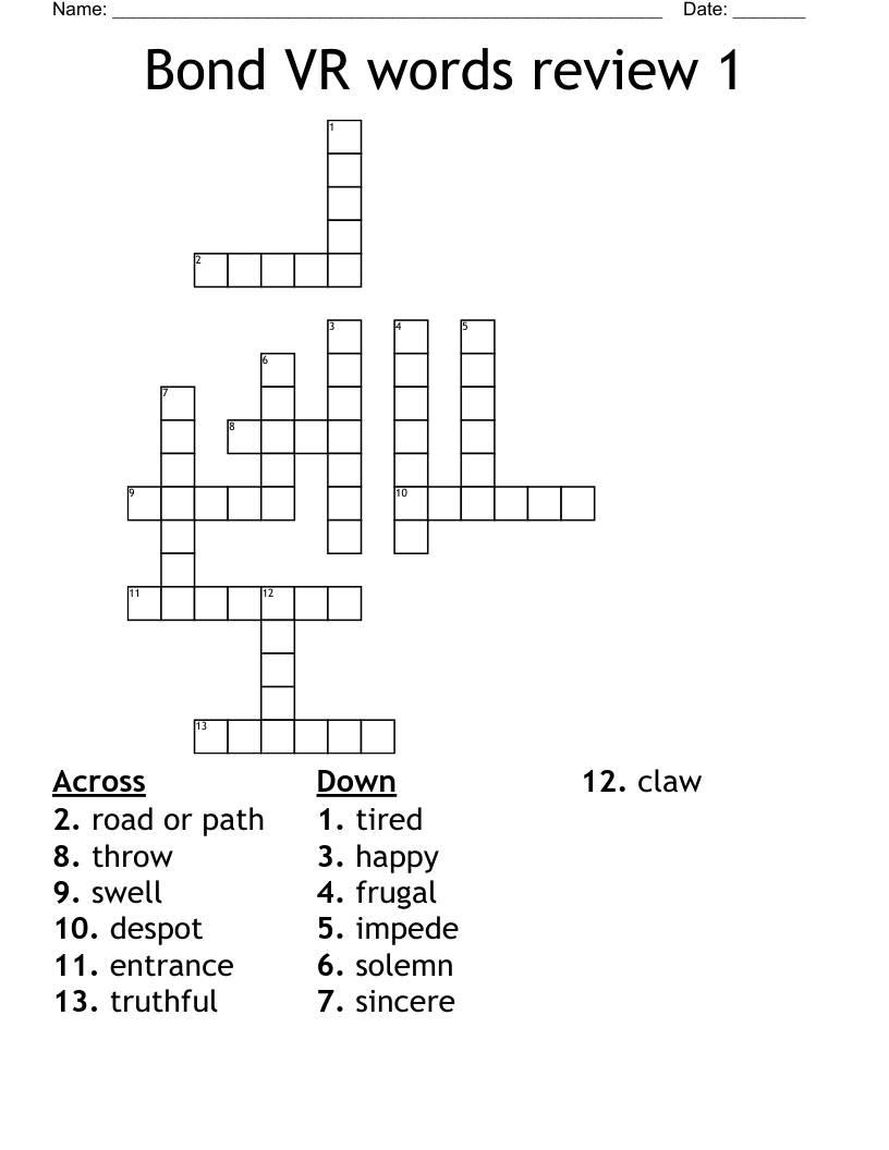 Bond VR words review 1 Crossword