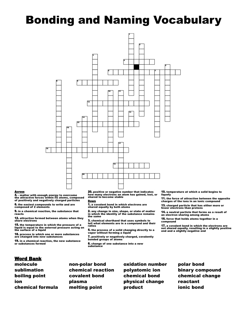 Bonding and Naming Vocabulary Crossword