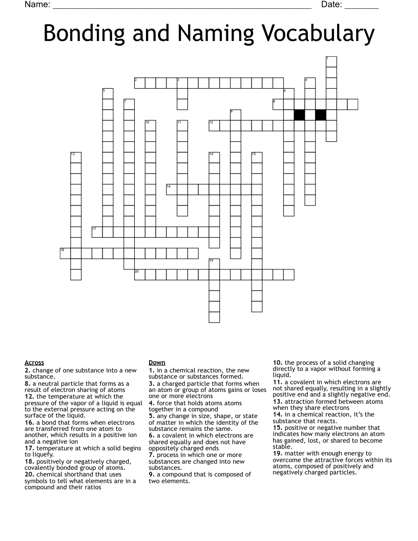 Bonding and Naming Vocabulary Crossword