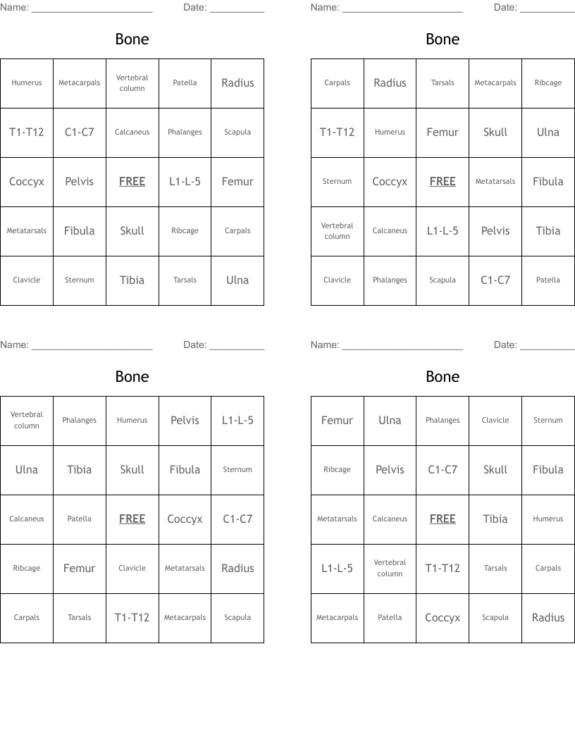 Bone  Bingo Cards
