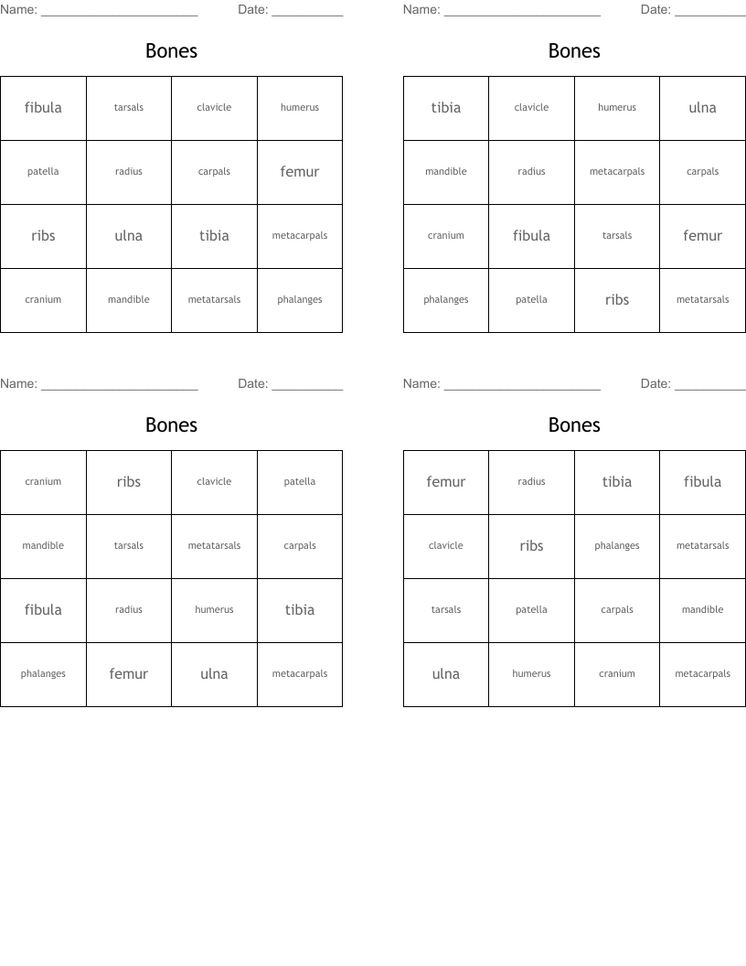 Bones Bingo Cards