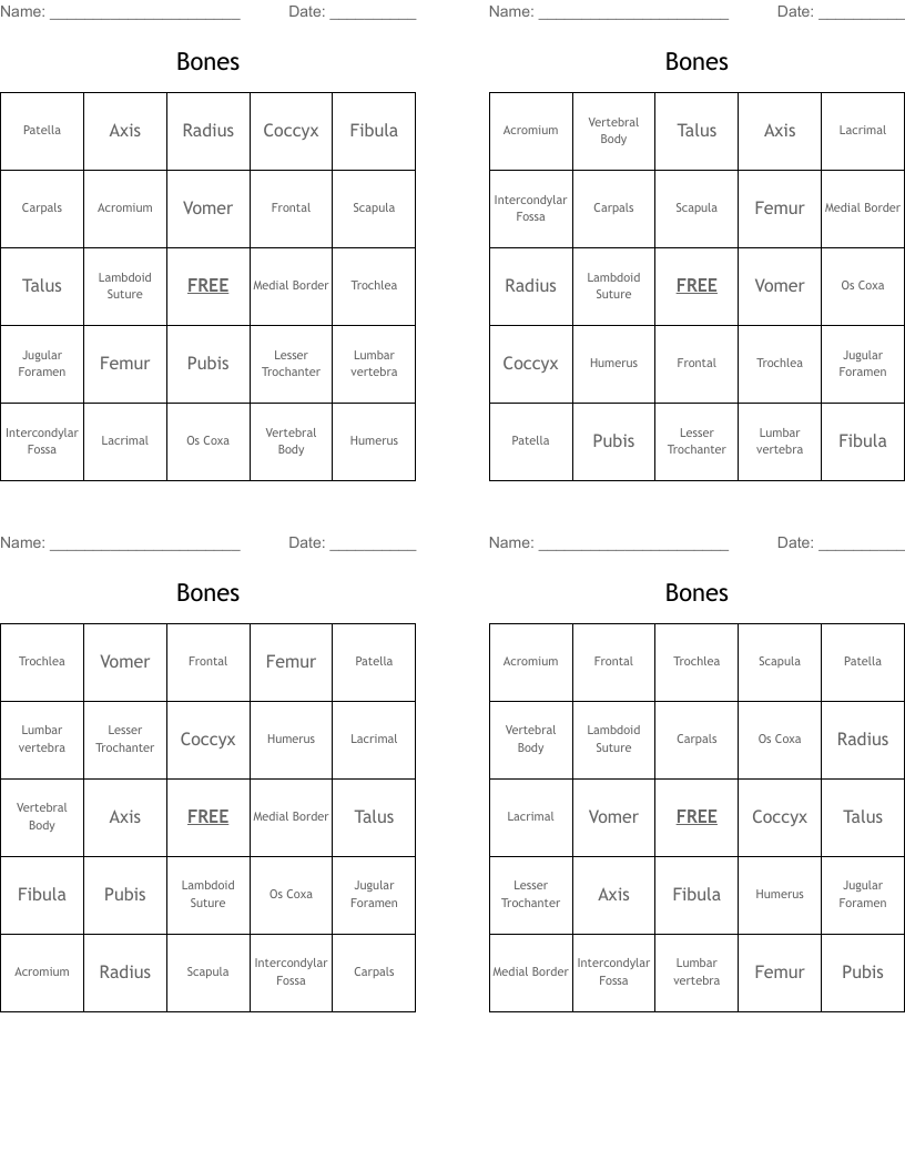 Bones Bingo Cards