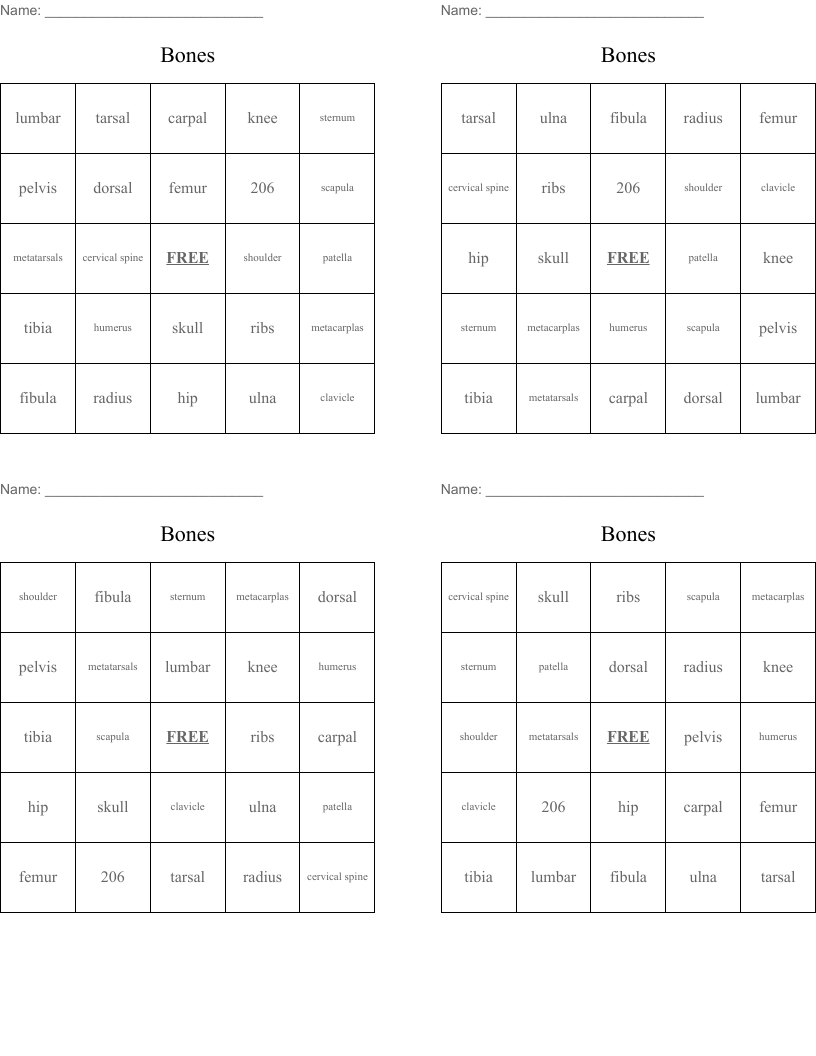 Bones Bingo Cards