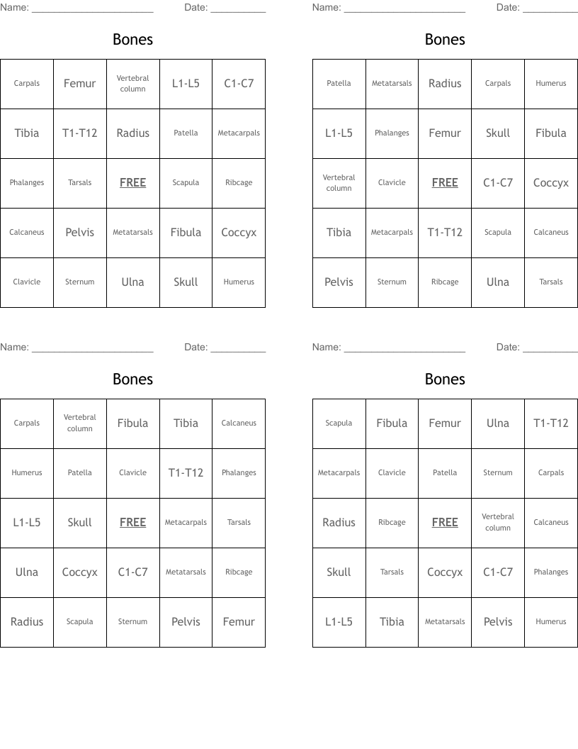 Bones Bingo Cards