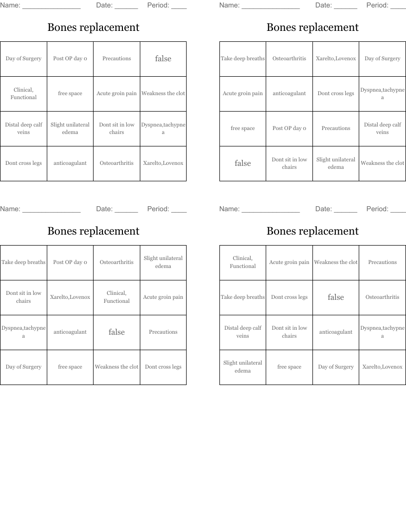 Bones replacement Bingo Cards