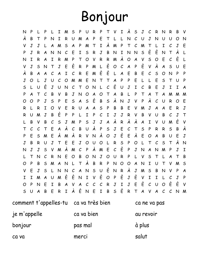Bonjour Word Search