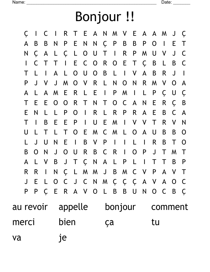 Bonjour !! Word Search