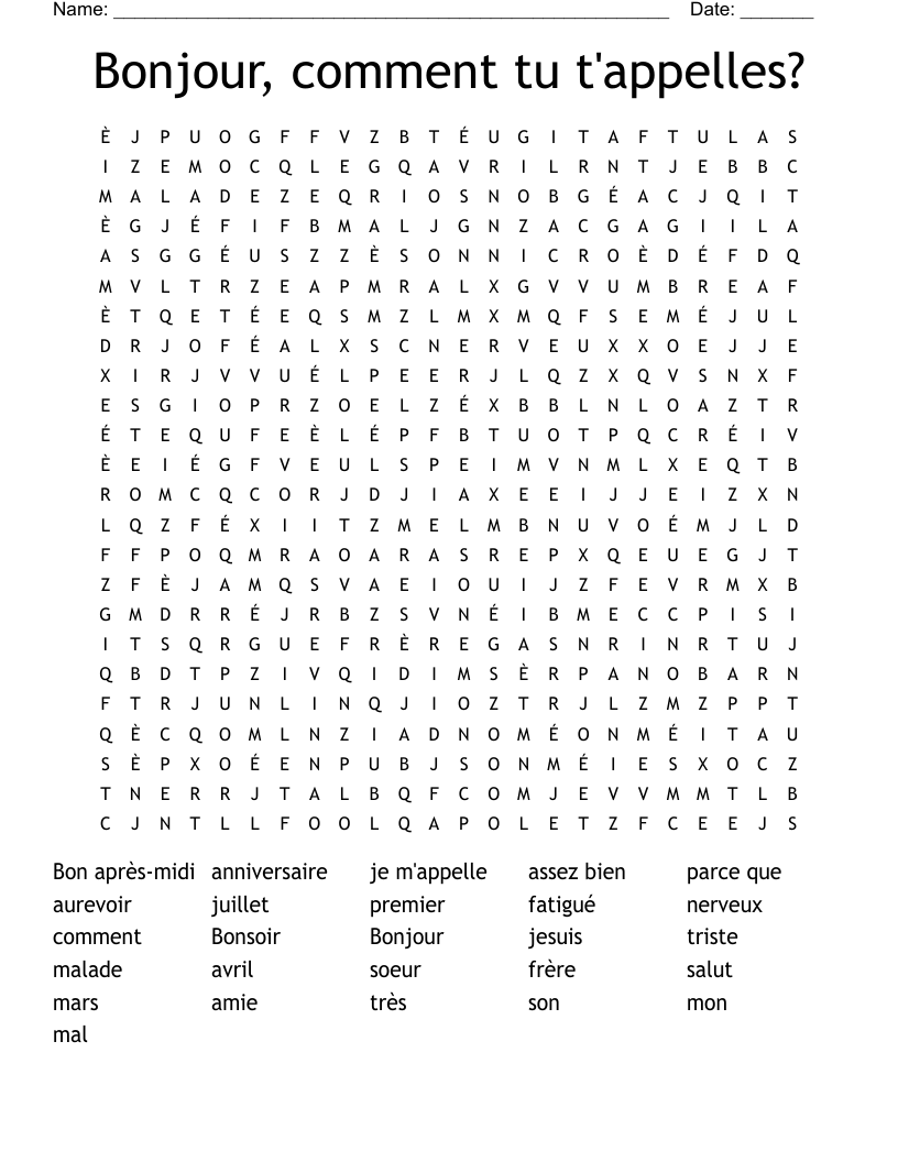 Bonjour, comment tu t'appelles? Word Search