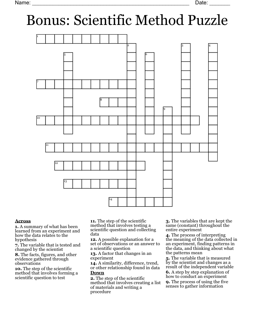 Bonus: Scientific Method Puzzle Crossword