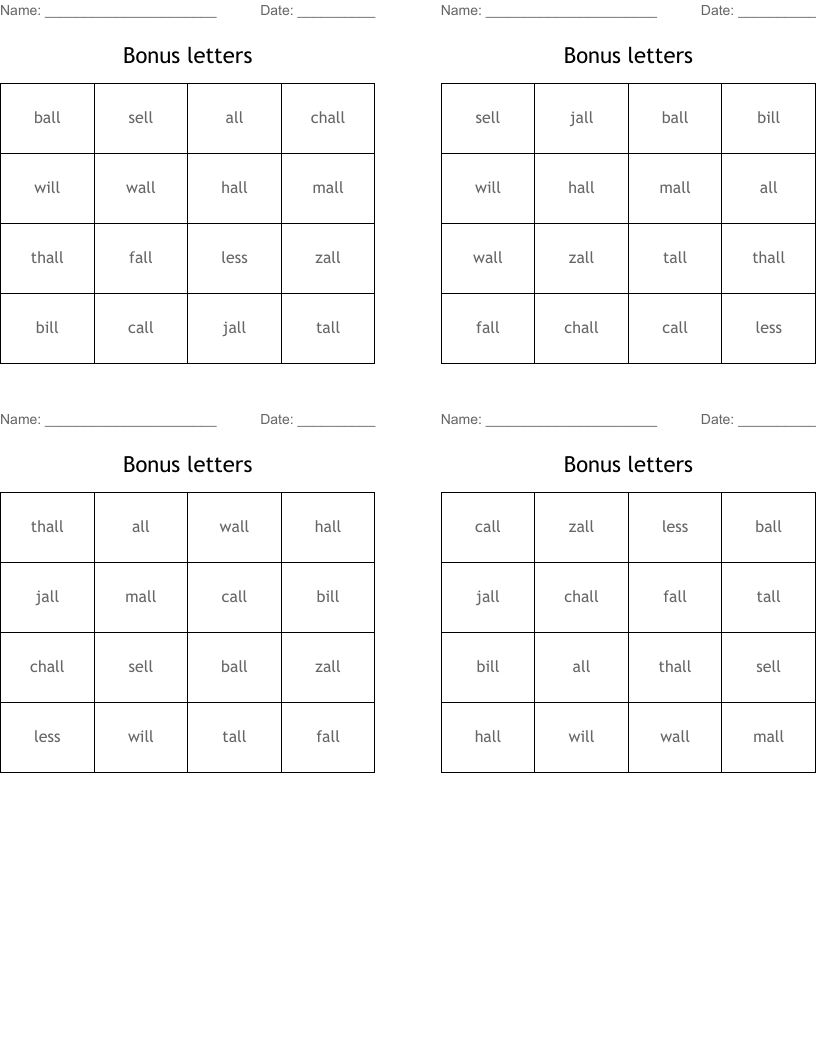 Bonus letters Bingo Cards