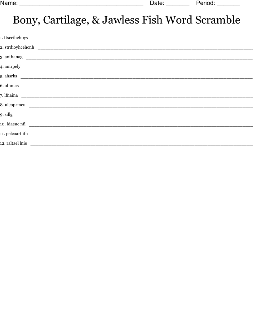 Bony, Cartilage, & Jawless Fish Word Scramble