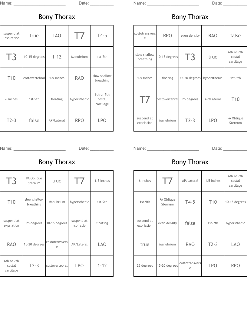Bony Thorax Bingo Cards