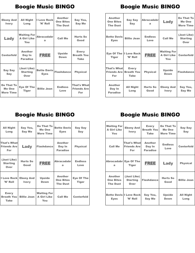 Boogie Music BINGO