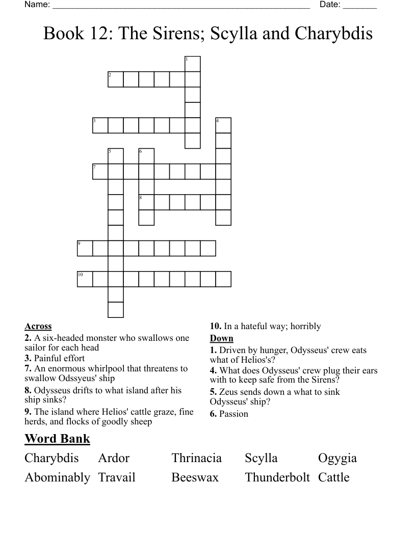 Book 12: The Sirens; Scylla and Charybdis Crossword