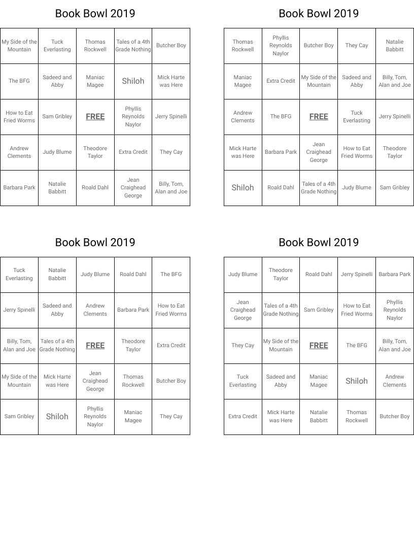 Book Bowl 2019 Bingo Cards