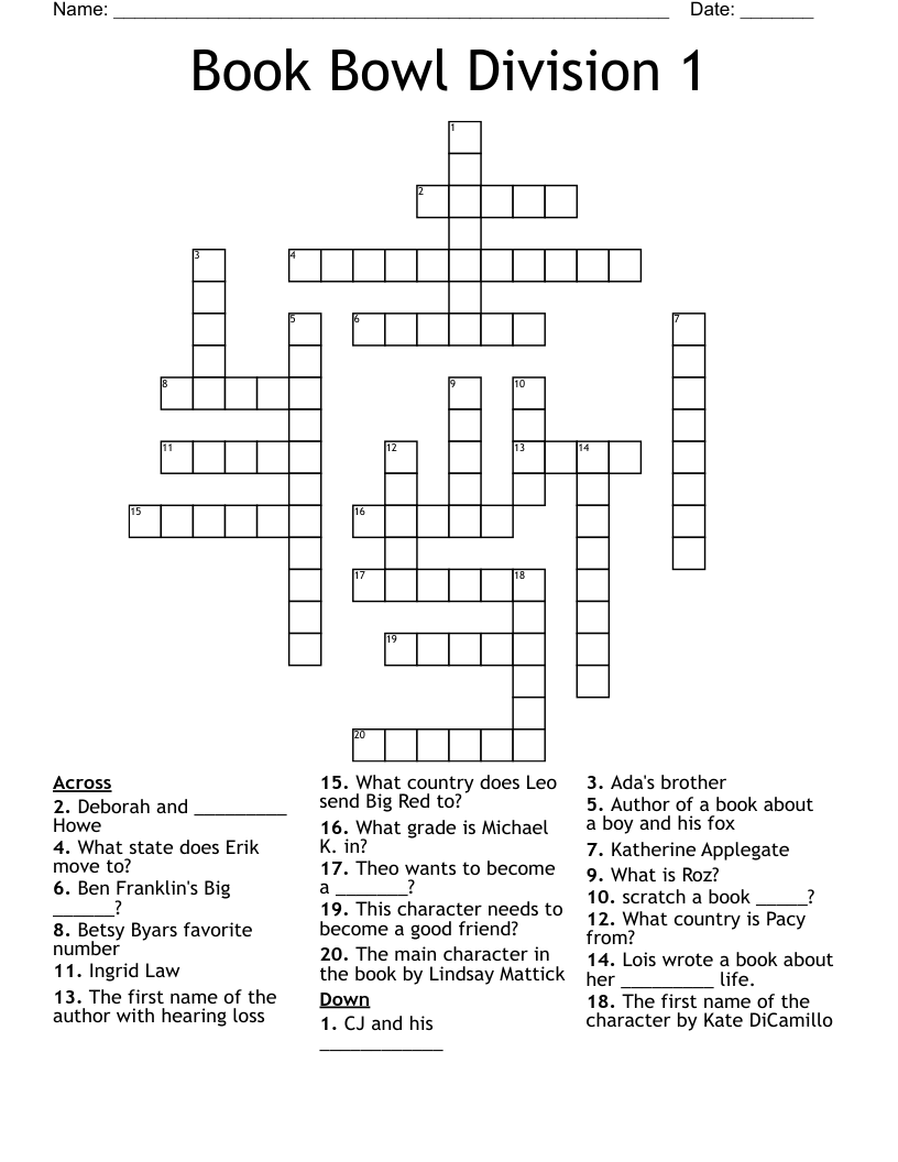 Book Bowl Division 1 Crossword