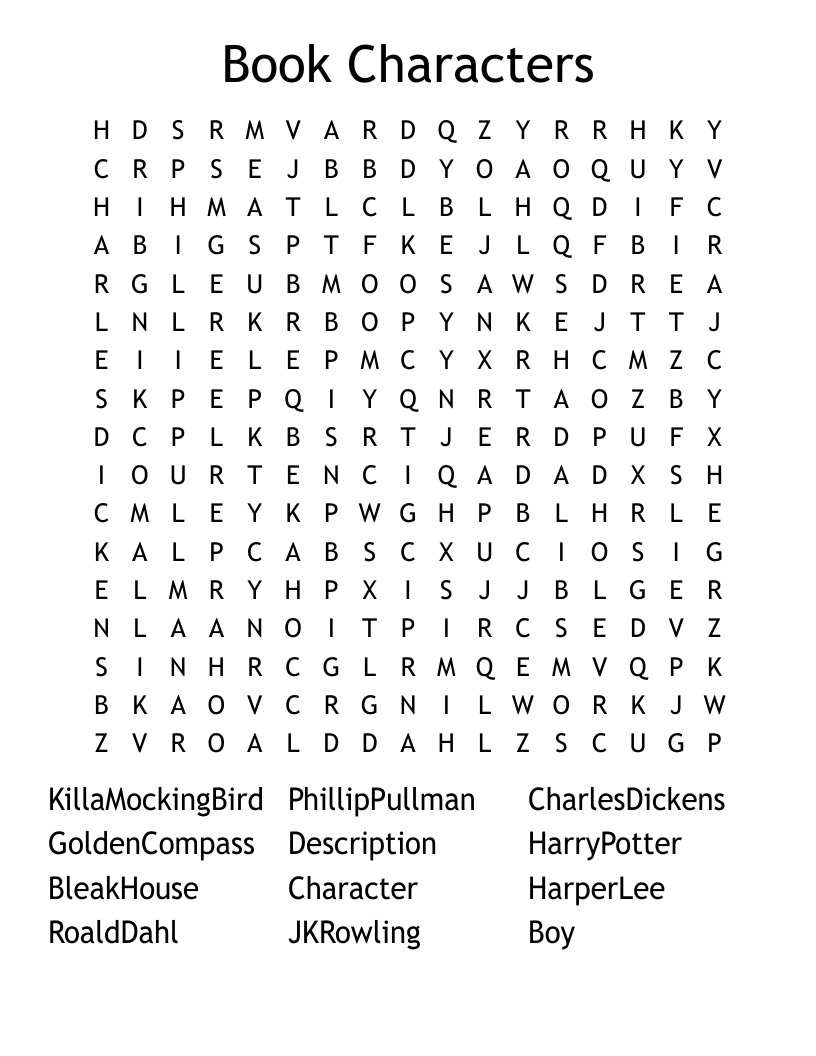 Book Characters Word Search
