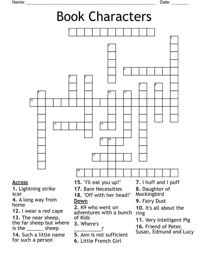 Book Characters Crossword
