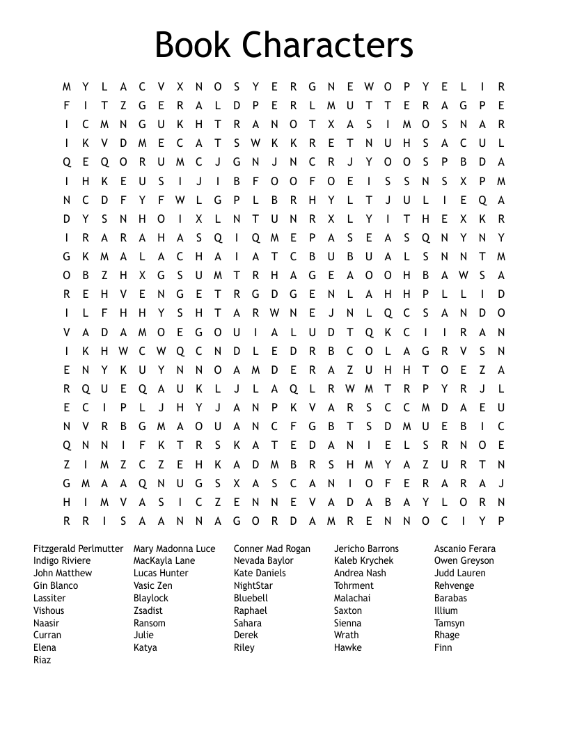 Book Characters Word Search