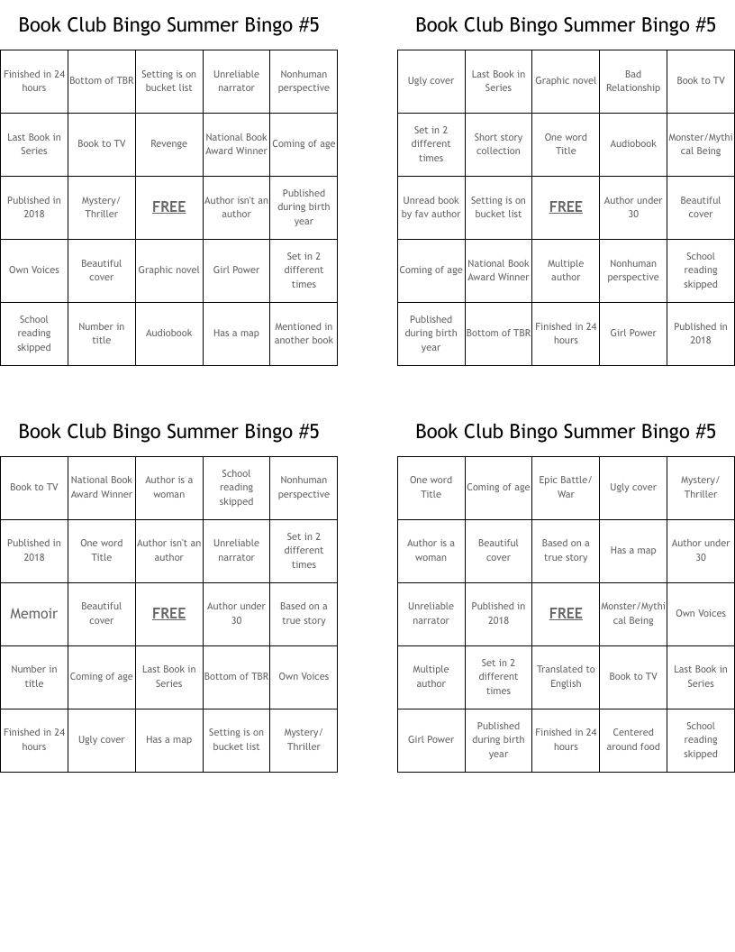 Book Club Bingo Summer Bingo #5
