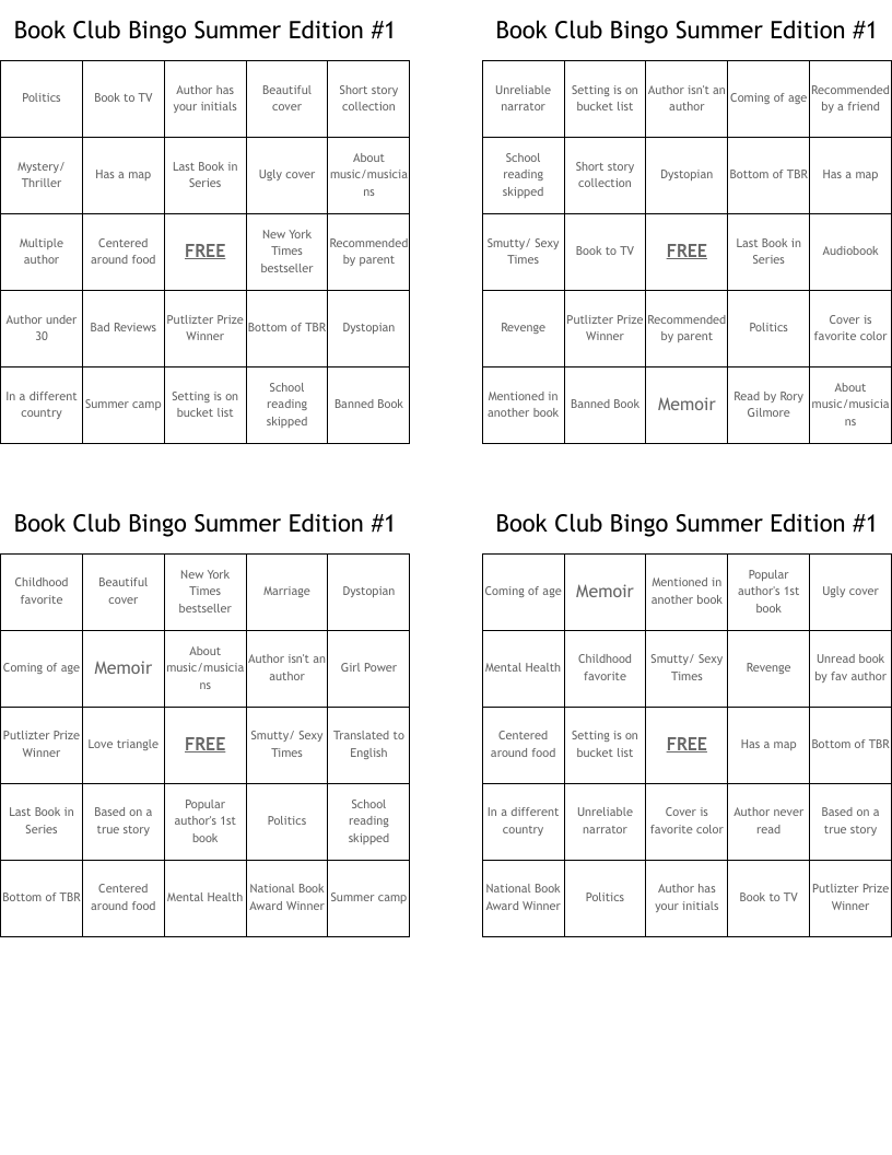 Book Club Bingo Summer Edition #1