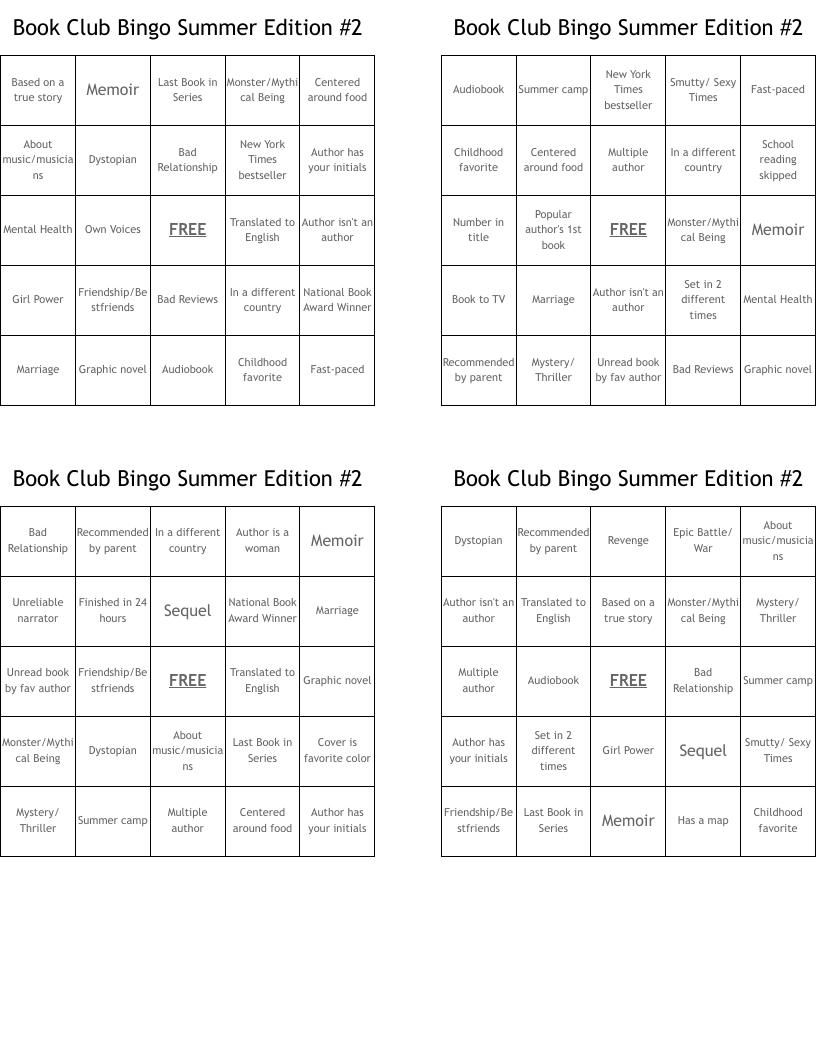 Book Club Bingo Summer Edition #2