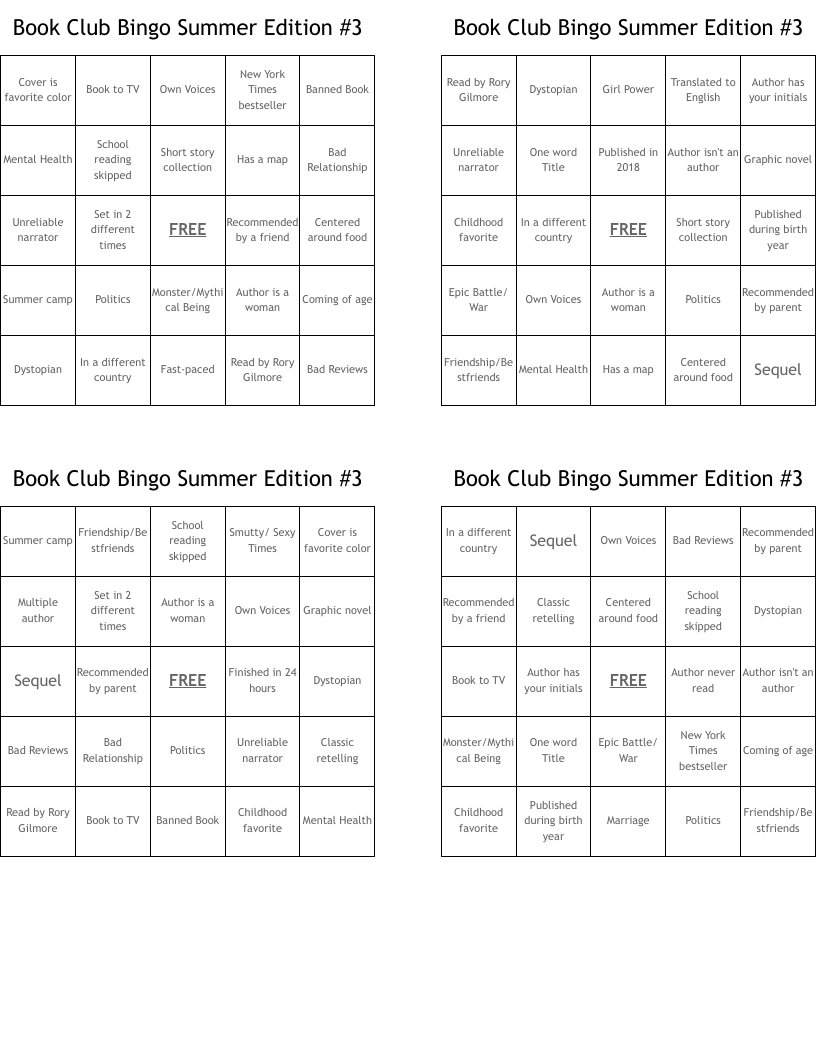 Book Club Bingo Summer Edition #3