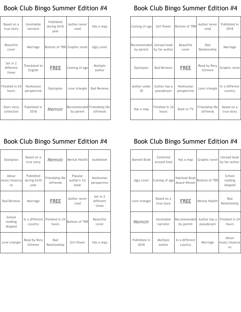Book Club Bingo Summer Edition #4