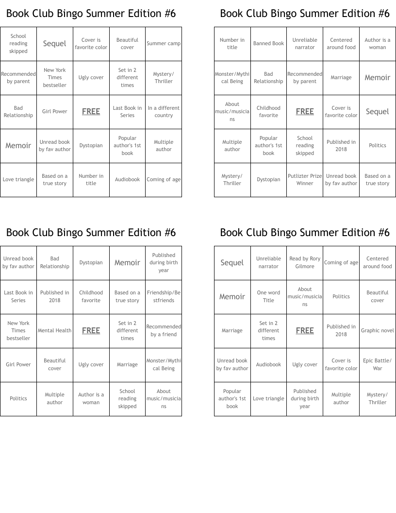 Book Club Bingo Summer Edition #6