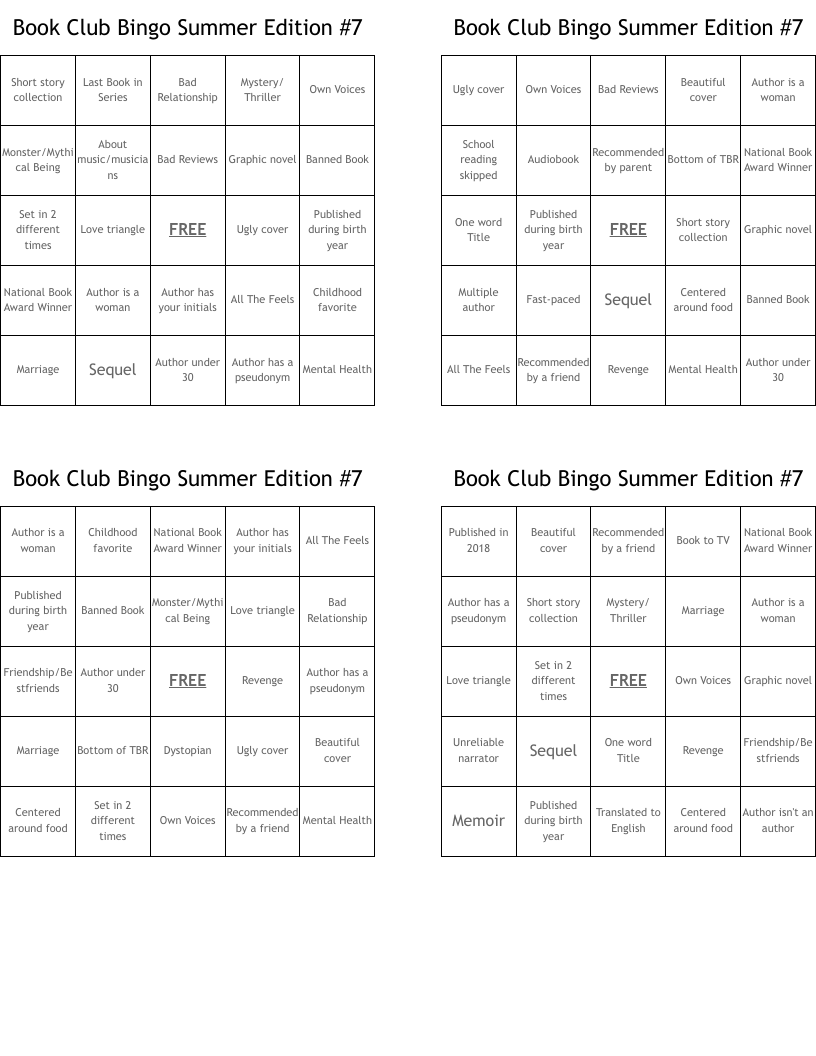 Book Club Bingo Summer Edition #7