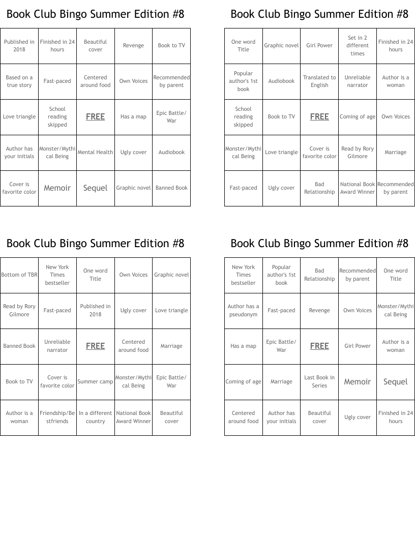 Book Club Bingo Summer Edition #8