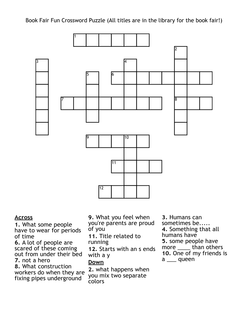 Book Fair Fun Crossword Puzzle (All titles are in the library for the book fair!)