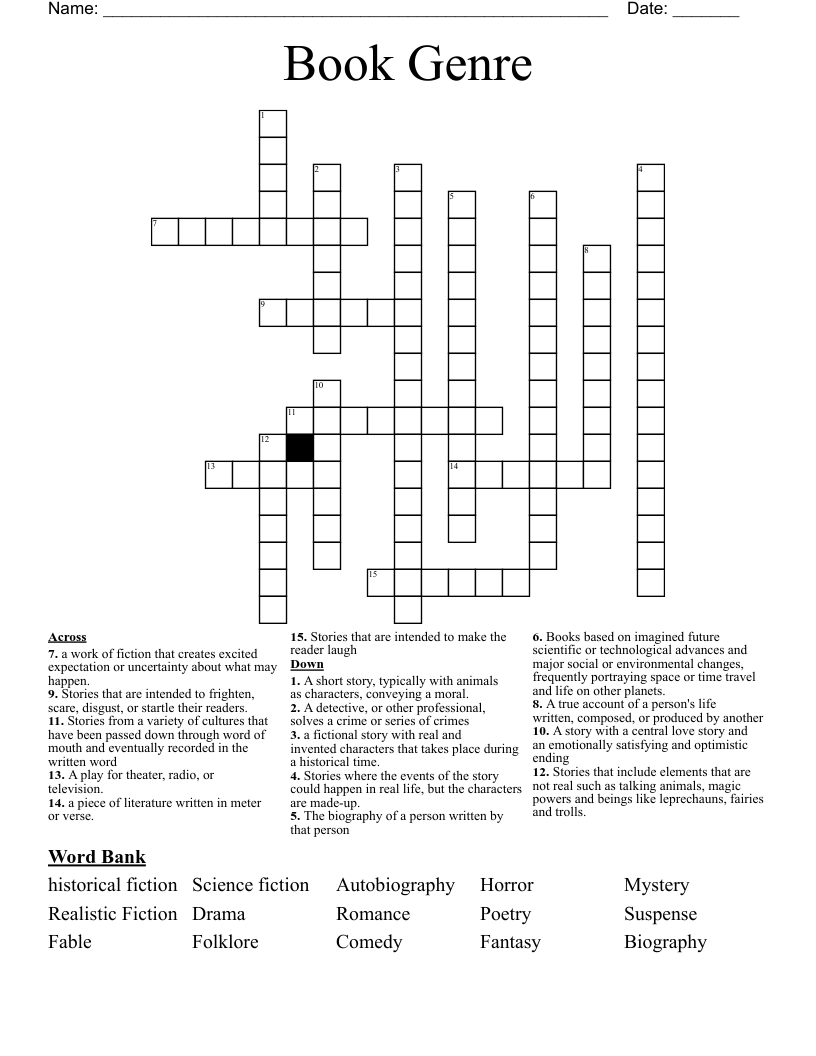 Book Genre Crossword