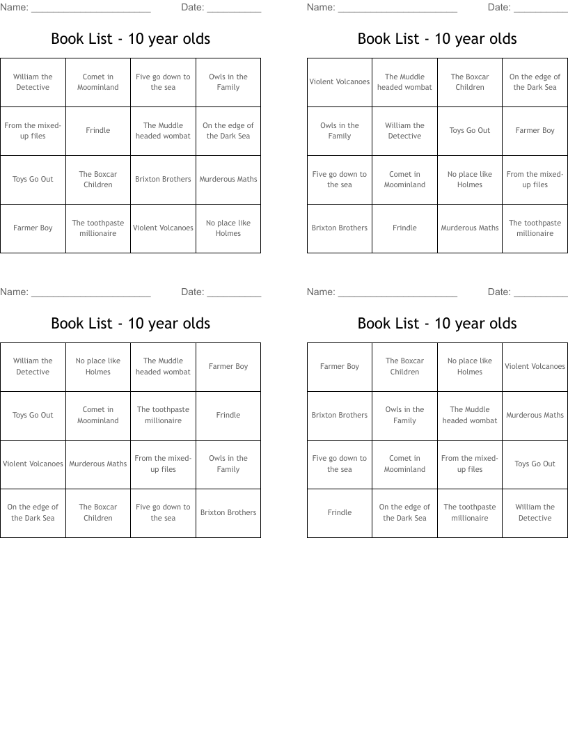 Book List - 10 year olds Bingo Cards