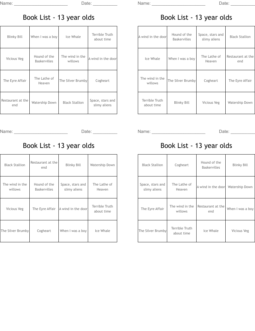 Book List - 13 year olds Bingo Cards