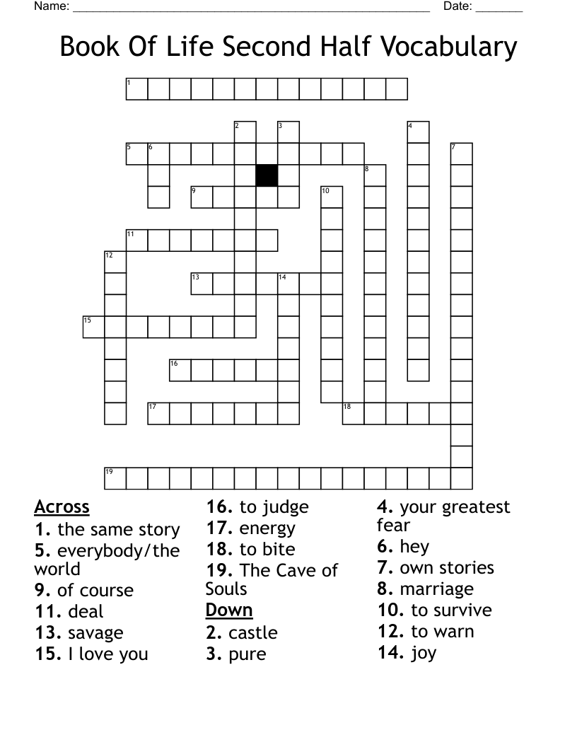 Book Of Life Second Half Vocabulary Crossword