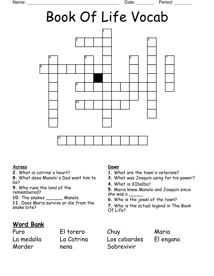 Book Of Life Vocab Crossword