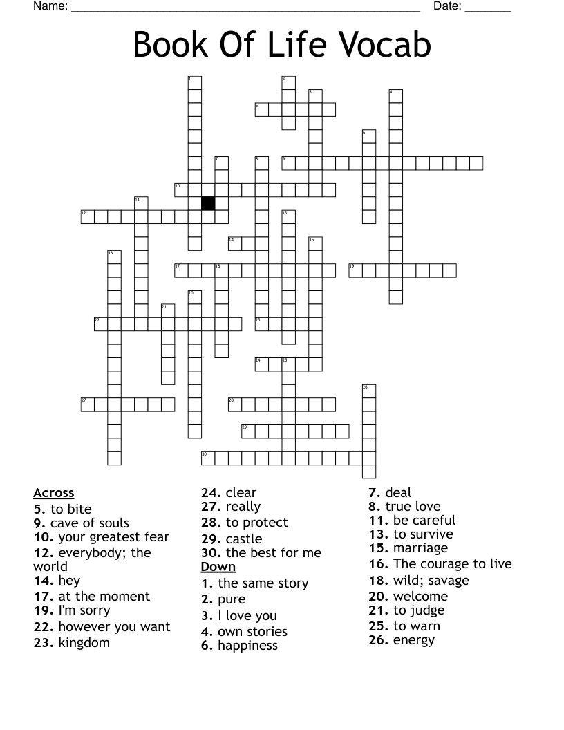 Book Of Life Vocab Crossword