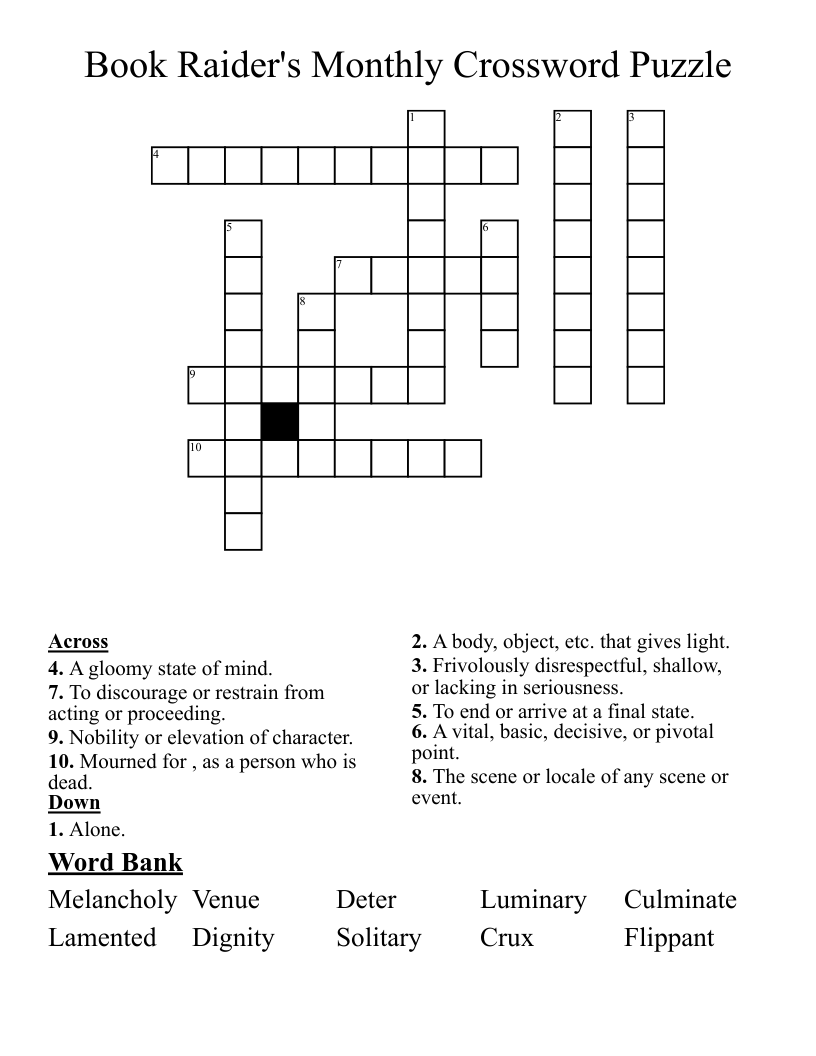 Book Raider's Monthly Crossword Puzzle