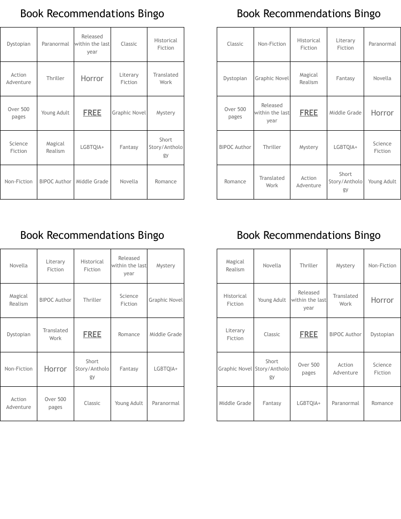 Book Recommendations Bingo