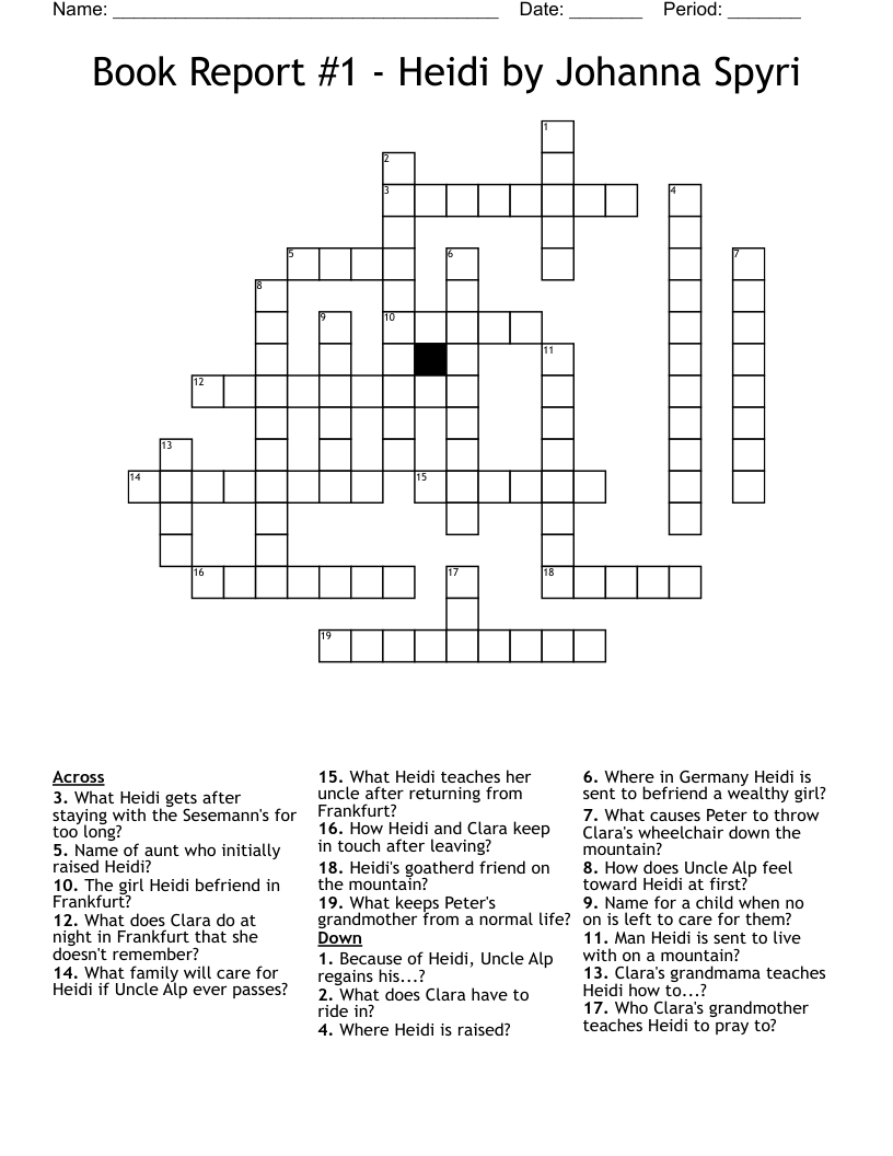 Book Report #1 - Heidi by Johanna Spyri Crossword