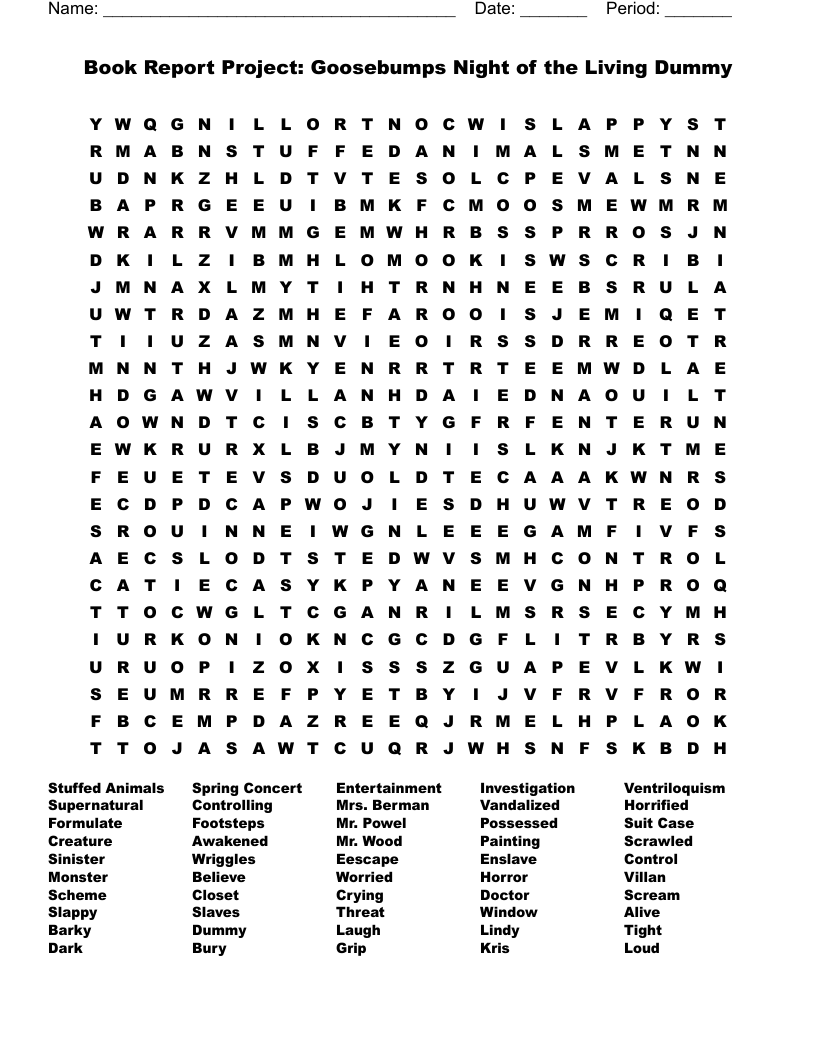 Book Report Project: Goosebumps Night of the Living Dummy Word Search