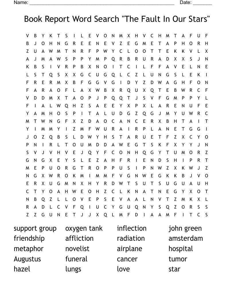 Book Report Word Search "The Fault In Our Stars"