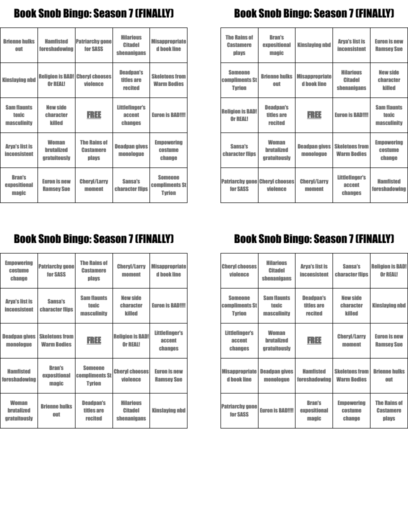 Book Snob Bingo: Season 7 (FINALLY)