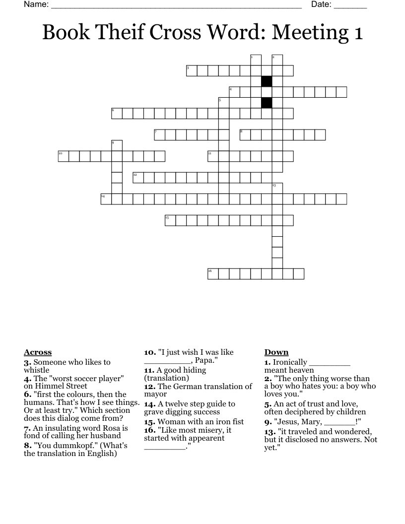 Book Theif Cross Word: Meeting 1