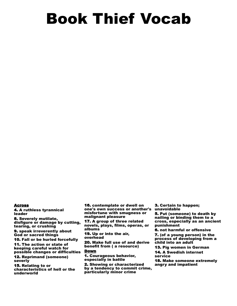 Book Thief Vocab Crossword